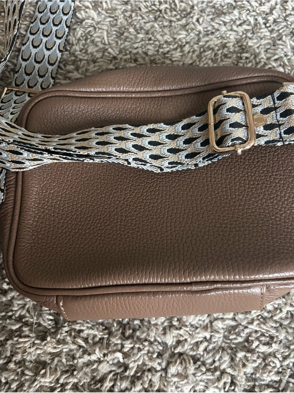 Everyday Crossbody Bag Pom Pom London Elie Beaumont  Taupe Patterned Strap nwot